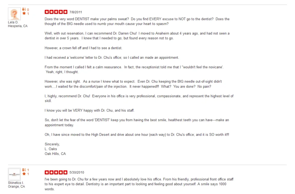 Filtered Reviews on Yelp - Darren Chu DDS in Anaheim Hills